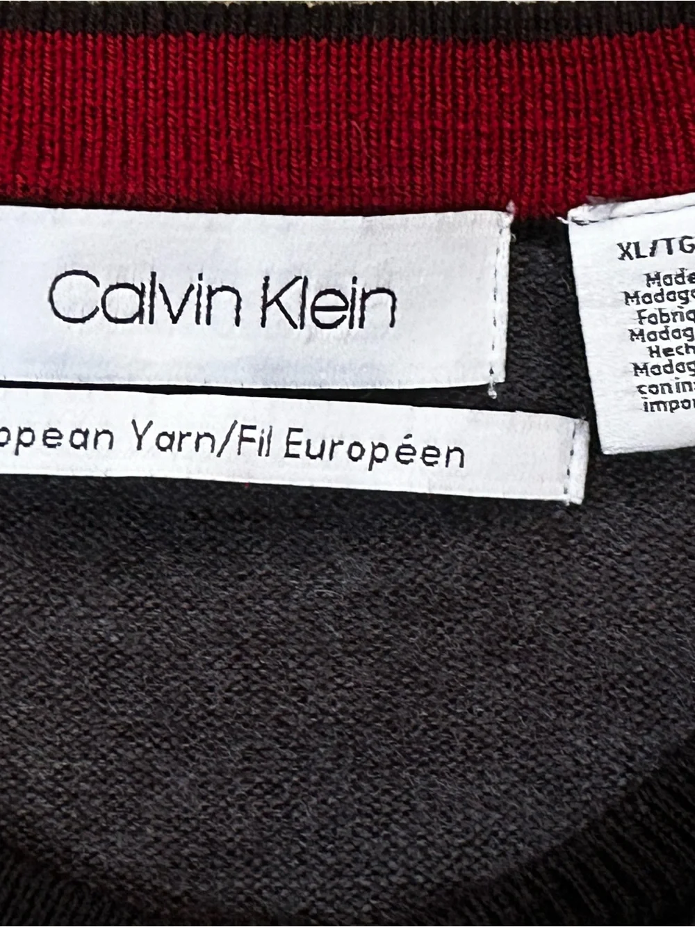 Calvin Klein European Yarn Charcoal Crewneck Sweater with Red Sleeve Stripes XL